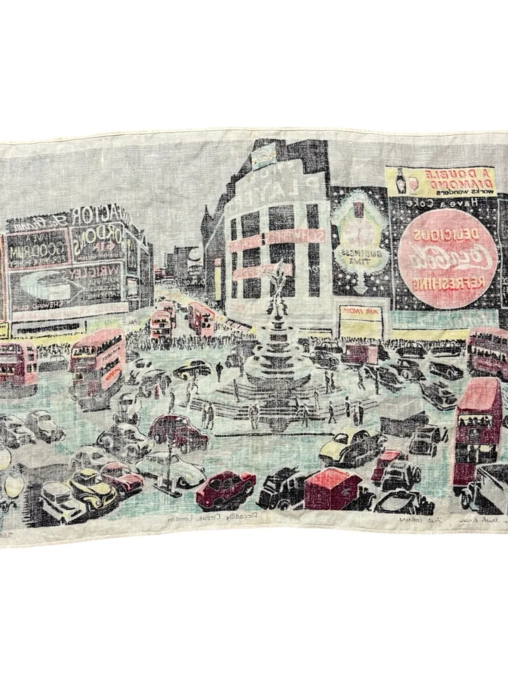 Vintage Souvenir Piccadilly Circus London Tea Towel Mid Century Street Scene